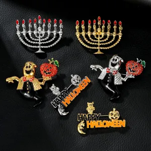 Halloween rhinestone brooch set featuring ghost, pumpkin and menorah designs for festive holiday.