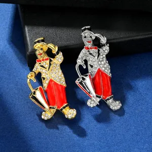 Spilla clown in strass di cristallo con cilindro e ombrello per accessori di abbigliamento moda.