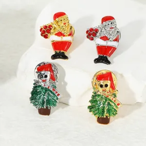 Set of 4 Christmas tree and Santa Claus brooch pins, enamel rhinestone holiday jewelry.