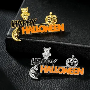 Halloween brooch pin set, metallic cute pumpkin and bear design, holiday fashion jewelry gifts.