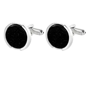 Boutons de manchette ronds noirs scintillants, détails classiques en métal argenté pour chemise.