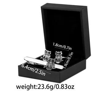 Exquisite vintage owl tie clip and cufflink set in gift box, detailed metal men accessories.