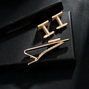 Men gold tie clip and cufflinks set business casual metal accessories for formal wear