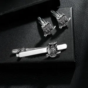 Vintage silver owl tie clip and cufflinks set for men, elegant business accessories.