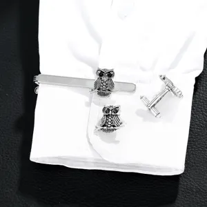 Vintage silver owl tie clip and cufflinks set for men, detailed animal shirt accessory.