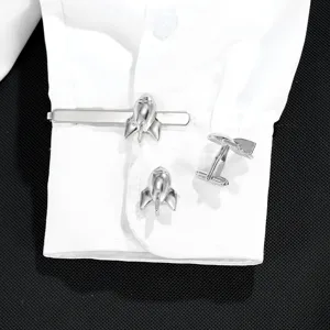 Silver rocket tie clip and cufflink set, astronaut space theme fashion men business accessory.