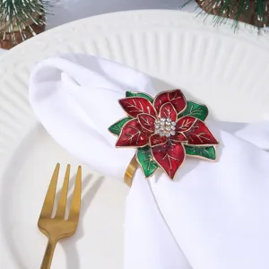 Christmas poinsettia napkin ring detail, enameled flower table decor holder for dining table
