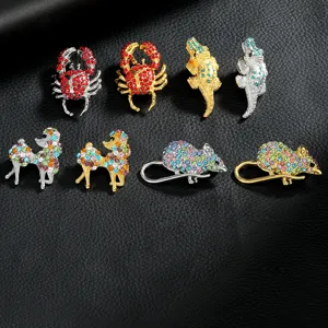Crystal animal rhinestone brooch pins set featuring cute crab crocodile poodle and mouse designs.