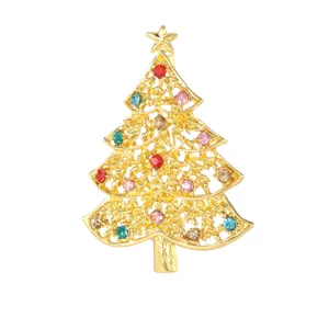 Gold Christmas tree brooch decorated with colorful rhinestones, elegant holiday jewelry for women.