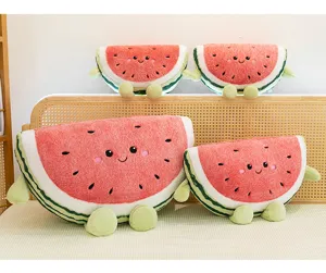 Detailed view of cute watermelon plush toys with smiling faces, soft cushion for home decor.