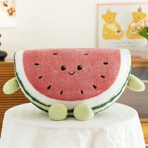 Cute watermelon plush pillow, soft stuffed fruit cushion toy for kids and room decor style.