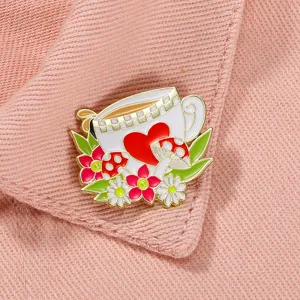 Cute Cartoon Alloy Enamel Brooch Pin Colorful Teacup Heart Mushroom Badge Lapel Pin For Clothes Scarf Decoration Gift Women Men Jewelry