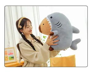 Cute shark capybara plush toy, soft stuffed animal doll, large sleeping hugging pillow.