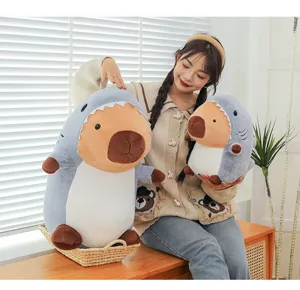 Cute shark capybara plush toy detail view, featuring funny design and soft hugging body.