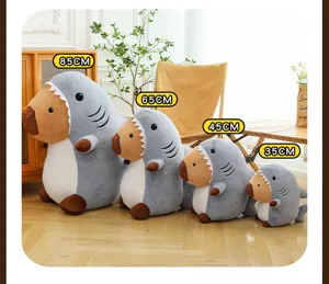Detailed view of cute shark capybara plush toy, soft fabric, multiple sizes available.