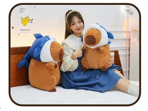 Adorable capybara plush toy with shark hat soft stuffed doll for kids birthday gift