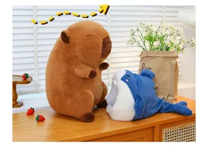 Cute capybara plush toy and shark hat doll set, soft stuffed animal children birthday gift.