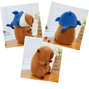 Capybara plush toy with cute removable shark hat soft stuffed animal doll detail view