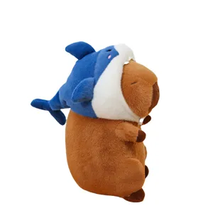 Cute Capybara Plush Toy with Blue Shark Hat Soft Stuffed Animal Doll Main View