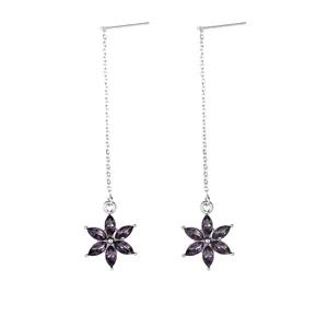 Elegant long silver chain drop earrings featuring purple marquise crystal flower pendants for women.