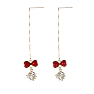 Long chain tassel earrings with red bow and rhinestone ball pendant for women fashion
