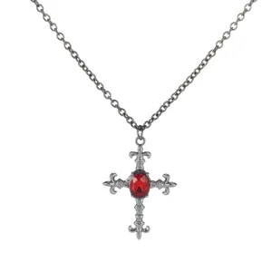 Gothic vintage cross pendant necklace with red gemstone and dark metal chain for punk style.
