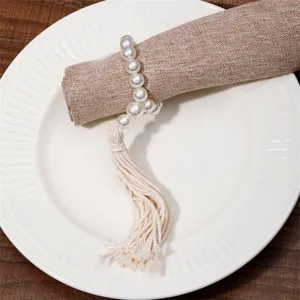 Modern Minimalist Zinc Alloy Napkin Rings With Artificial Pearl Hemp Rope Tassel For Hotel Dining Home Table Decoration White Holder