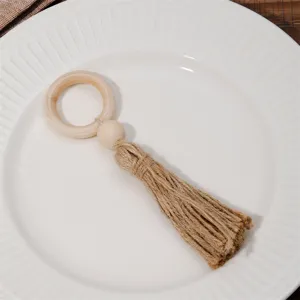 Rustic Wooden Beads Napkin Rings With Hemp Rope Tassel Handmade Wood Table Setting Decor Holder For Wedding Dinner Party Home Accent