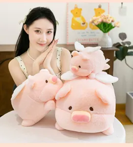 Cute winged pig plush toy with soft pink body and lovely design, perfect sleeping pillow.