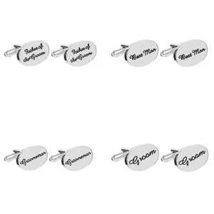 Silver oval wedding cufflinks set featuring engraved English titles for groom and groomsmen.