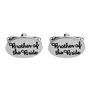 Silver oval metal cufflinks for men with engraved text, stylish wedding suit accessories.