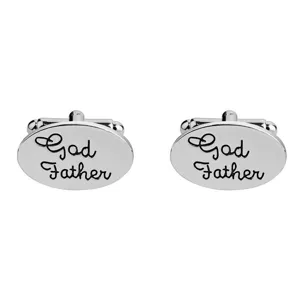 Silver oval alloy cufflinks detail shot featuring engraved text design, classic and stylish.