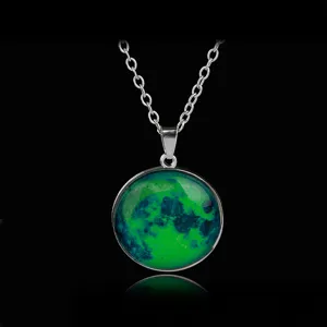 Night luminous glass ball pendant necklace detail, glowing starry sky design jewelry.
