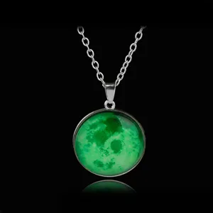 Glow in the dark moon glass pendant necklace with silver chain for women fashion jewelry.