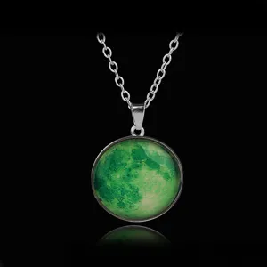 Luminous starry green moon glass pendant necklace, fashion dreamy night glowing jewelry item.
