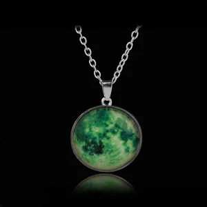 Glow in the dark green moon starry sky glass gemstone pendant necklace for women fashion jewelry