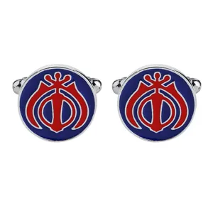 Men's round metal cufflinks with red and blue enamel detail, stylish fashion shirt accessory.