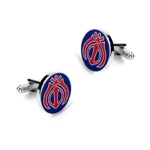 Classic round enamel cufflinks for men, featuring a stylish red and blue skull emblem design.