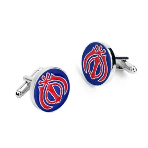 Men's round enamel cufflinks in silver tone with blue and red emblem design for formal shirts.