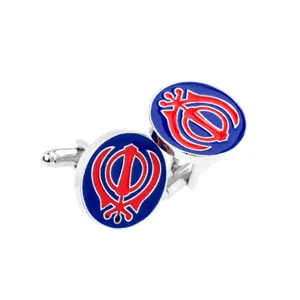 Classic round metal cufflinks with blue and red enamel design, perfect for men's formal shirts.
