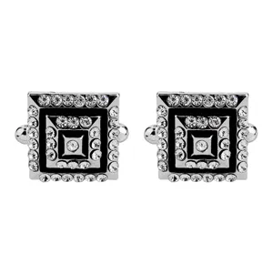 Silver square geometric men cufflinks with sparkling rhinestones for classic French dress shirts.
