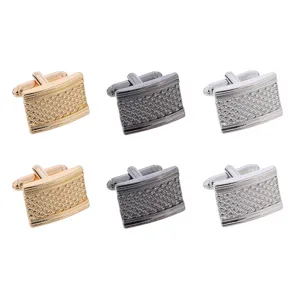 Classic men's square metal cufflinks with textured grid design, elegant suit accessories set.
