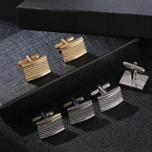 Detailed view of men's business square metal cufflinks with fine woven grid patterns, elegant.