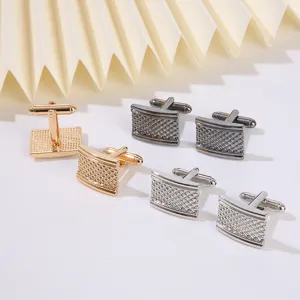 Men's square business metal cufflinks detail view, featuring classic grid design.