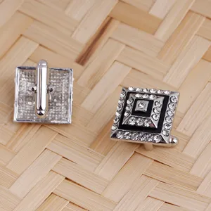 Men's square rhinestone cufflinks, stylish geometric crystal business shirt accessory.