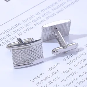 Men's silver square carved patterned metal business cufflinks for formal shirt wear accessory.