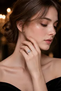 Detailed view of a 925 sterling silver 1ct moissanite halo ring with pave diamonds.