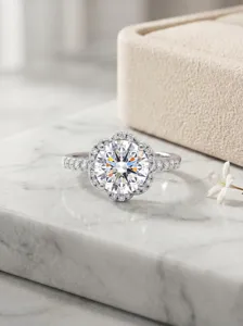 Exquisite 1ct moissanite six-petal flower ring in 925 sterling silver with pave diamonds.