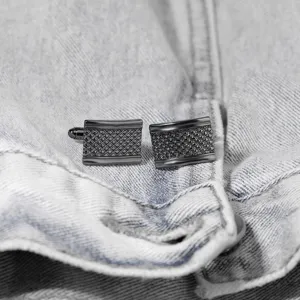 Mens square black metal cufflinks with diamond textured pattern for business suits.
