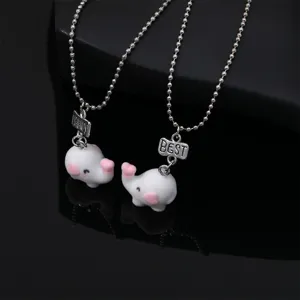 Schattige cartoon dier beste vriendin ketting set met kraal ketting en gegraveerde metalen tags.